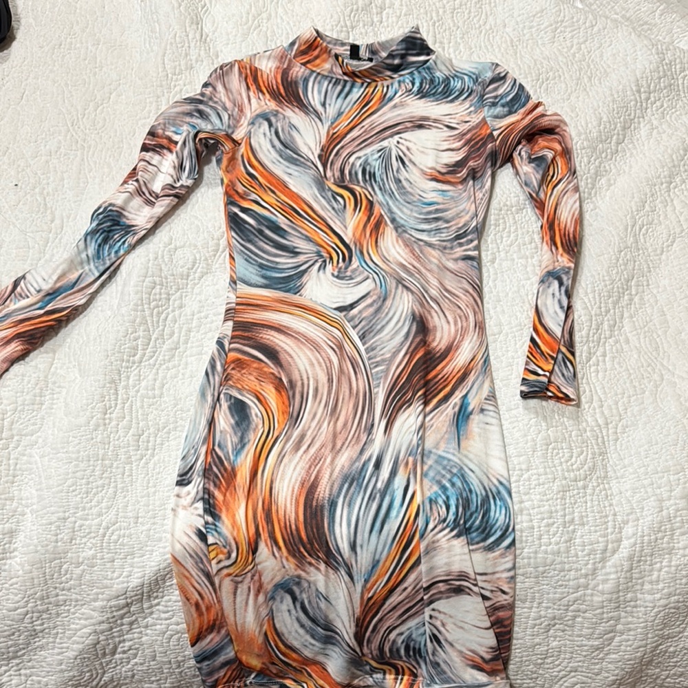 Fashion Nova Orange and Blue Bodycon Dress with Mock Neck